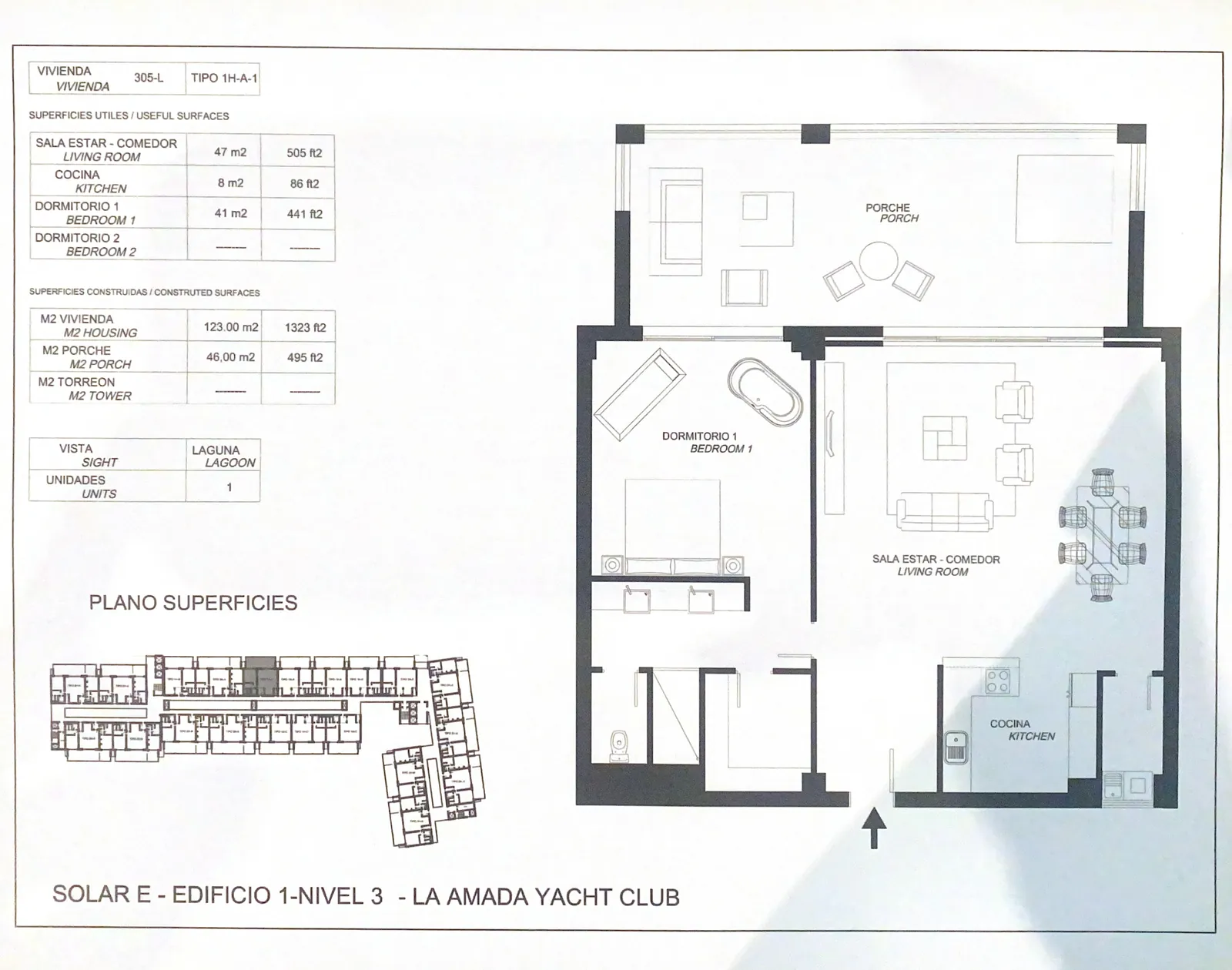 Plano arquitectónico del Departamento 305L en La Amada, Costa Mujeres, Cancún